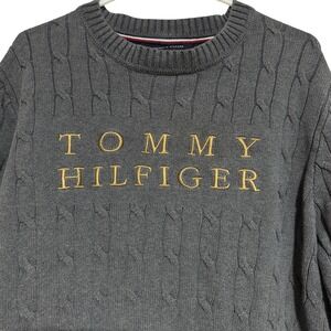 Vintage Tommy Hilfiger Men's Large Cable Knit spellout sweater Gray With Gold D7